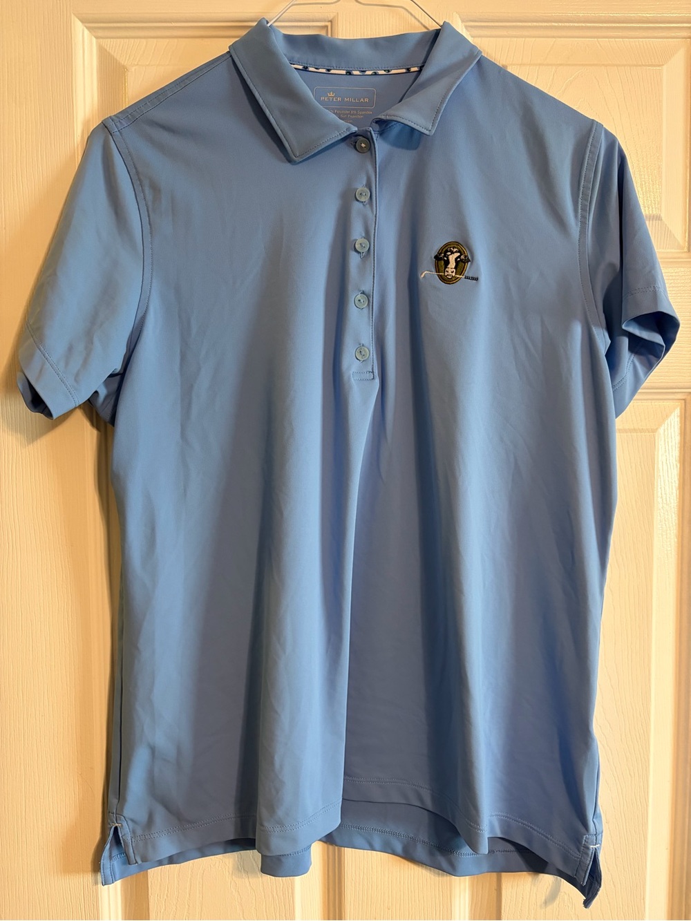 Peter Millar Women’s XL Blue Performance Golf Polo UPF 50+ Cow Logo Stretch